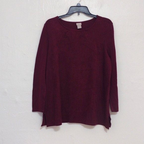 Chico's Burgundy Faux Suede Pullover Long Sleeve Top Size 2p or US Lp - Picture 3 of 8